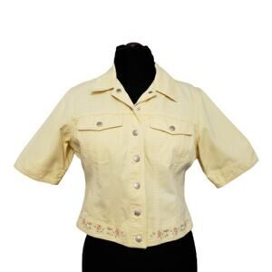 Susan Bristol Half Sleeve Snap Front Embroidered Yellow Denim Crop Jean Jacket